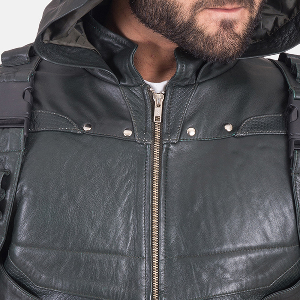 Custom New Green Hood Leather Vest